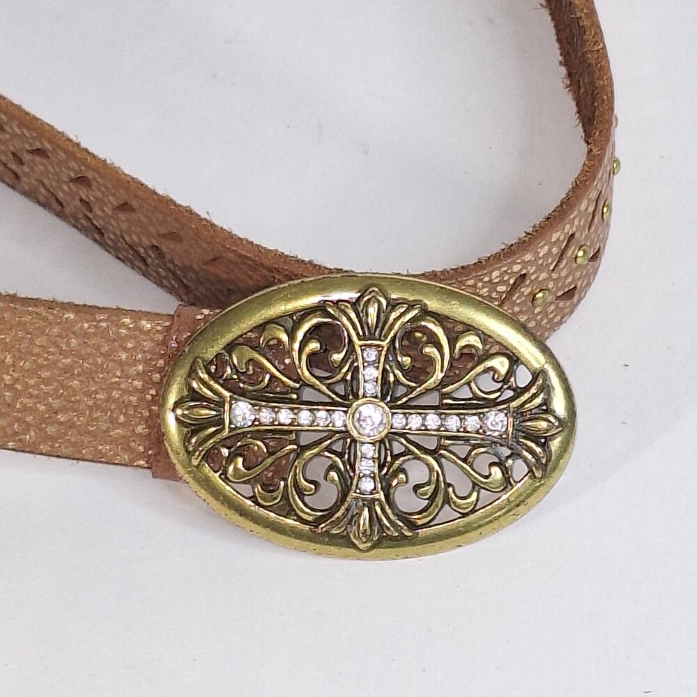 Vintage Rhinestone Cross Studded Leather Belt Brown 36–39.5" Western Boho Unisex